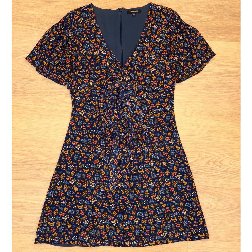 Madewell blue mini floral chiffon short sleeve tie front dress size 00